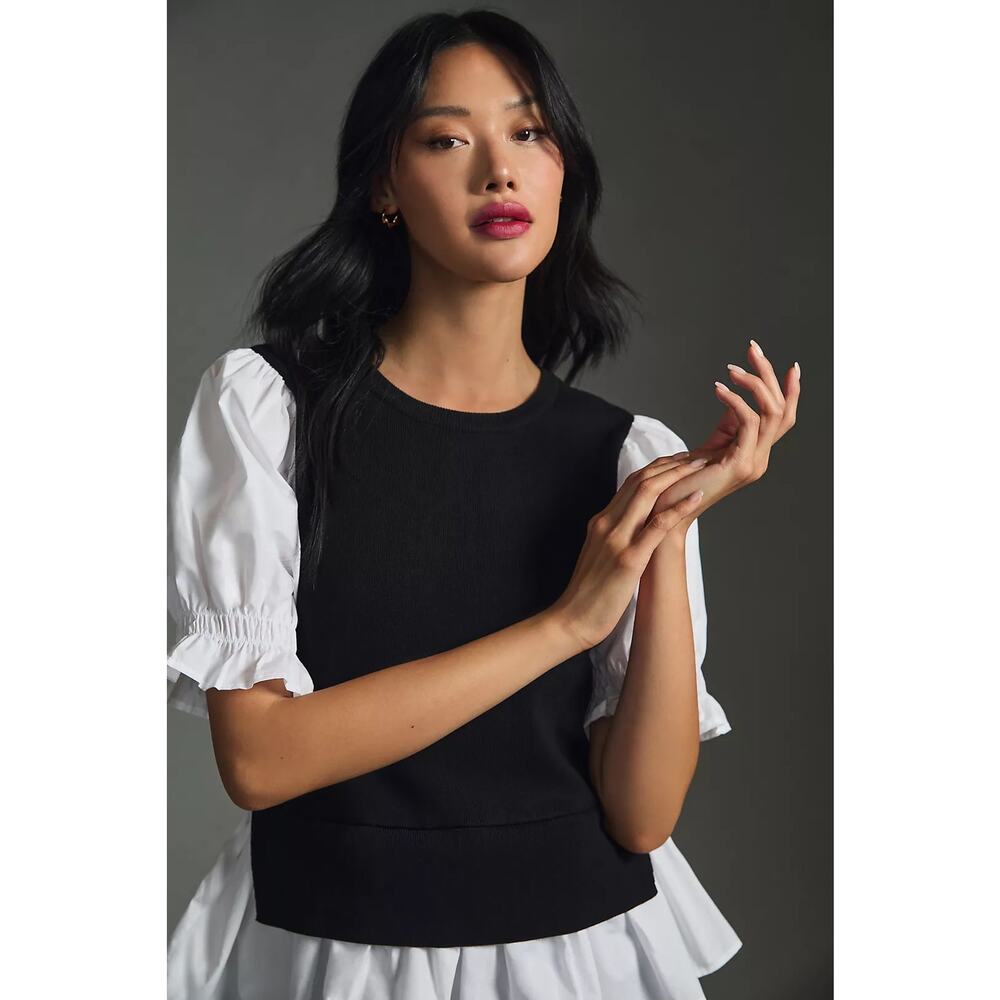 Anthropologie Layered Poplin Sleeve Black Sweater XL White Puff Sleeve